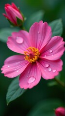 Obraz premium Vibrant pink cosmos flower with raindrops on lush green background. makara,vasuki,shesha,kala nag,samudra manthan,asura rahu India