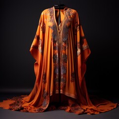 Orange Silk Kaftan with Golden Embroidery