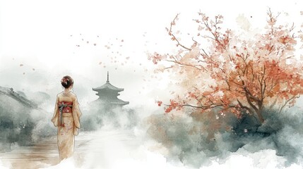 Fototapeta premium A serene watercolor scene featuring a woman in traditional attire, cherry blossoms, and a distant pagoda, evoking tranquility and cultural beauty.