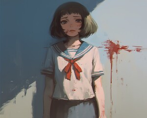 Sad Girl, Bloody Wall, School Uniform