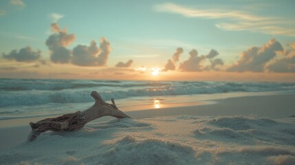 Fototapeta premium A beautiful beach scene with driftwood and a sunrise over water