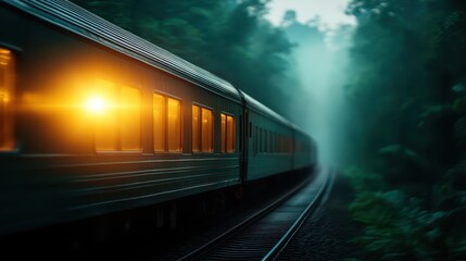 Fototapeta premium A train moves silently through a dense, misty forest, drawing a sense of intrigue and wonder about the journey and the destinations beyond the trees.