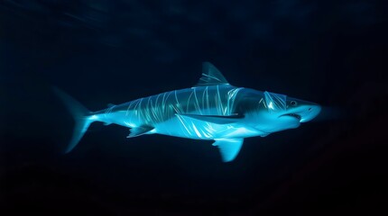 Obraz premium Striped shark glides through dark ocean depths bioluminescent markings glow underwater mystery
