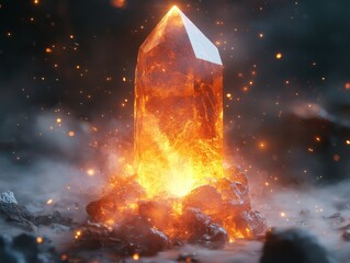 Fiery Crystal Apex: A Glowing Monolith Rising Amidst Volcanic Haze and Embers, Radiating Raw Power and Enchantment in a Surreal, Dreamlike Landscape