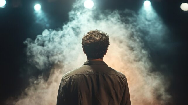 A man stands facing bright lights and swirling misty fog