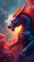 Naklejka premium Majestic mythical creature: fiery horned dragon amidst vibrant clouds. makara,vasuki,shesha,kala nag,samudra manthan,asura rahu India