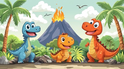 Playful dinosaurs in a prehistoric landscape with palm trees and volcanoes in the background 