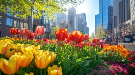 Urban tulips flourish under the backdrop of city skyscrapers in vibrant harmony