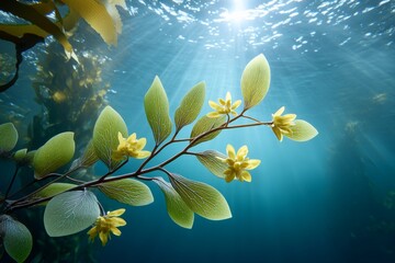 Naklejka premium A kelp forest ecosystem beneath clear ocean waters