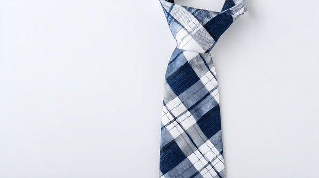  Navy blue and white plaid pattern tie on white background, close-up, top view, studio lighting, minimalist style, high resolution.