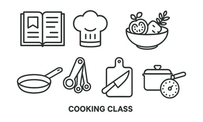 Set of cooking-related icons including a cookbook, chef's hat, salad bowl, frying pan, measuring spoons, cutting board with knife, pot with lid.