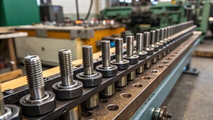 mechanical assembly manufacturing fastening Concept. Close-up of a row of precision-engineered machine parts in a workshop setting.