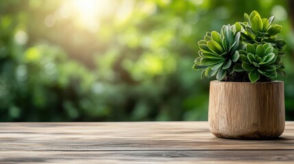 This close-up captures a potted succulent with sunlight streaming through, highlighting its vibrant greens, offering a sense of calmness and connection to nature indoors.