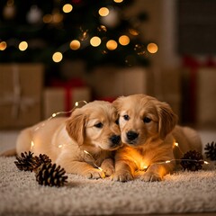 golden retriever with christmas decorations
