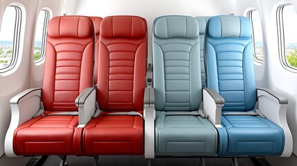 Isolated Red and Blue Passenger Airplane Seats in Modern Aircraft Interior Design