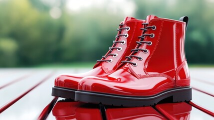 These vibrant red boots showcase a glossy finish and sturdy design, resting on a wooden surface that brings out their striking color in a natural outdoor setting.