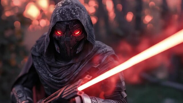 Hooded Warrior with Glowing Red Lightsaber in Fiery Dark Background