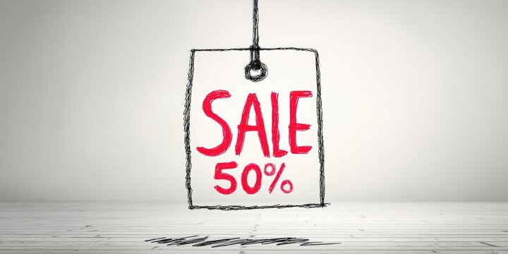 White tag with &lsquo;Sale&rsquo; in red lettering and &lsquo;50%&rsquo; for retail promotions, discount offers and shop websites.