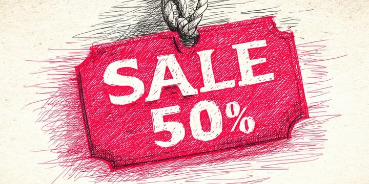 Textured red tag with the words &lsquo;SALE&rsquo; and &lsquo;50%&rsquo; on a light coloured painted background for retail promotions,discount offers and shopping blogs.