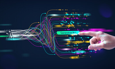 A hand showing technology, generative AI, gen AI, artificial intelligence, cyber security, digital...