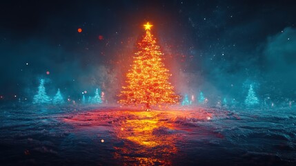 Glowing Christmas tree, winter scene, digital art, holiday card