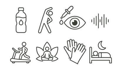 Set of icons: water bottle, stretching, eye drop, sound wave, treadmill, meditation, gloves, bed.