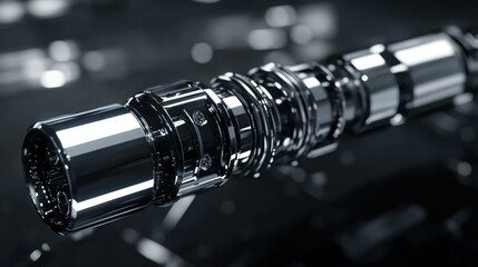 A highly polished cylindrical metal mechanical device in closeup view