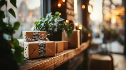 Wrapped gifts on a wooden shelf adorned with plants and warm lights during an evening gathering