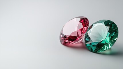 Two exquisite gemstones, one pinkish red and one brilliant green, are displayed against a clean background, showcasing their stunning cut and vibrant colors.
