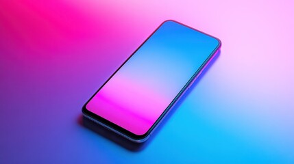 A smart phone device reflecting colorful neon lights against a surface