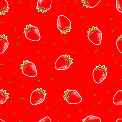 Glossy candy bars shaped like bold strawberries. Seamless pattern with dessert on a red background.