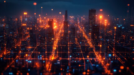 Fototapeta premium Futuristic city night network data flow digital