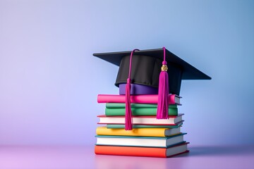 A stack of colorful books supports a black graduation cap with a vibrant pink tassel. The background is a gradient of purple and blue, suggesting education and achievement