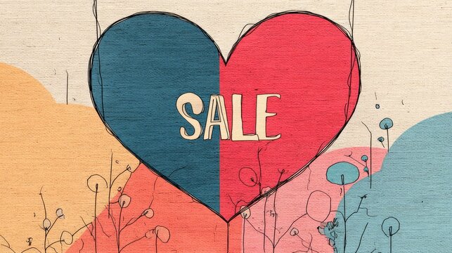 Large pink heart with the text &lsquo;SALE 50%&rsquo; above a stylised botanical illustration on a soft pink background for promotional materials, spring sales and art design blogs.