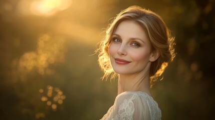 A beautiful woman smiles gently in warm natural sunlight
