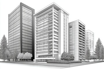 Fototapeta premium Clean line drawing of buildings growing upward over dotted base
