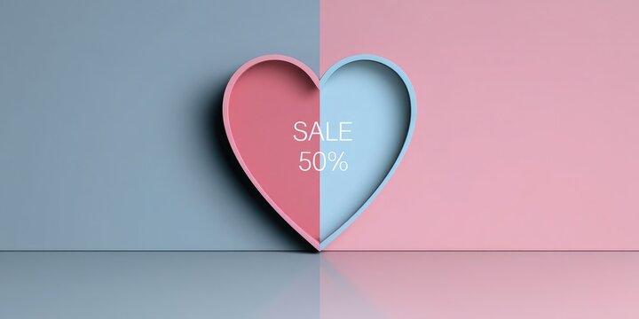 Heart shape 3d rendering with text &lsquo;SALE 50%&rsquo; for promotional materials, discount offers and seasonal sales.