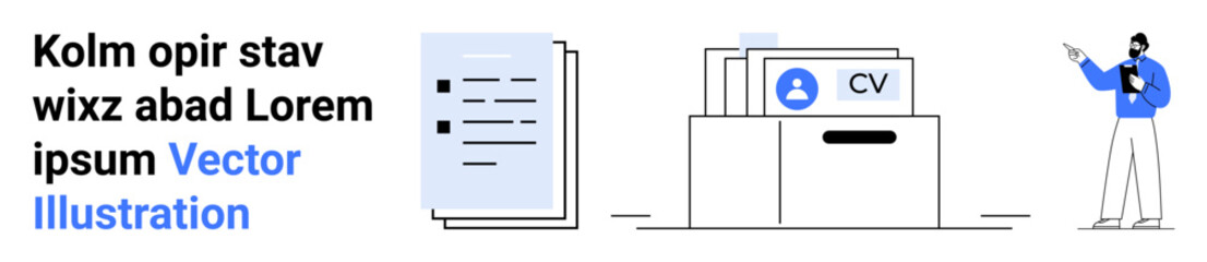 Stack of documents, digital CV folder, and person presenting data. Ideal for job search, hiring, recruitment, HR, data management, corporate communication simple landing page
