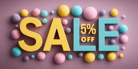 Yellow "SA" and teal "LE" letters with "5% OFF" in smaller teal text are surrounded by pastel spheres on a light purple background. Use for spring sale promotions, gentle discount offers