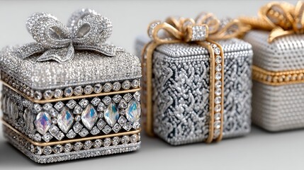 Elegant Jewel Encrusted Gifts with Platinum Bows and Adornments