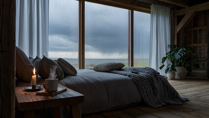 Rustic cozy bedroom with large window, knit blanket and candle on a rainy day