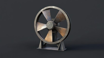 Obraz premium A metallic industrial fan rests on a dark gray background