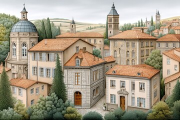 Obraz premium Gentle watercolor rendering of a city expansion into the countryside
