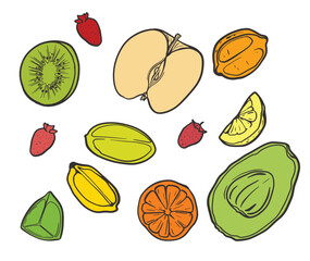 A set of vector stickers isolated from the background depicting bright and appetizing fruits that will instantly cheer you up and decorate your digital project.