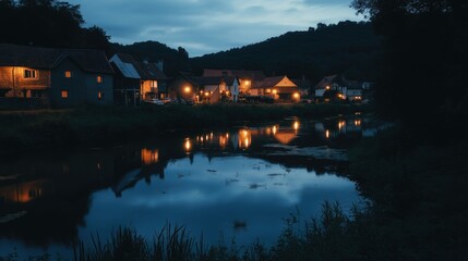 Obraz premium Tranquil village at dusk reflected in a calm river