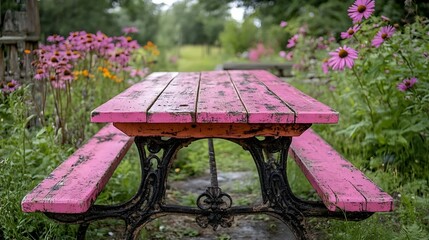Naklejka premium Pink picnic table garden