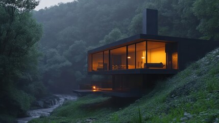 Fototapeta premium Modern glass house, forest, river, twilight, interior lit, calm nature escape
