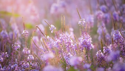 Naklejka premium Abstract floral backdrop of crested serpent sweet purple flowers in the field with soft style