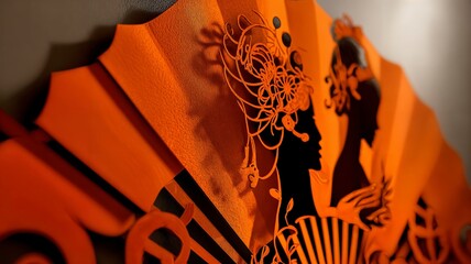 Abanico rojo con intrincado dise&ntilde;o floral y silueta femenina. Primer plano con iluminaci&oacute;n dram&aacute;tica.