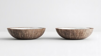 Two elegant, empty coconut shell bowls sit side-by-side on a minimalist white background.  The natural texture of the coconut is visible, offering a rustic yet refined aesthetic.